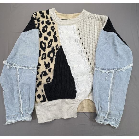 Bibi Retro Knit Sweater Colorblock Y2K Denim Patchwork Leopard Print Size LG - Picture 1 of 6